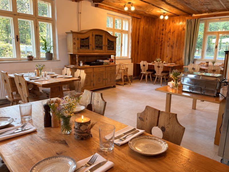 Interiér restaurace penzionu HamrákOFF s dřevěnými stoly a velkými okny do zeleně